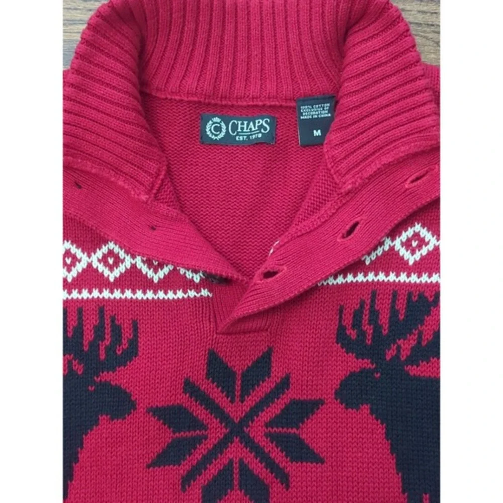 Chaps Winter Moose Sweater Sz M Snowflake Classic Holiday Preppy Red‎ Pullover
